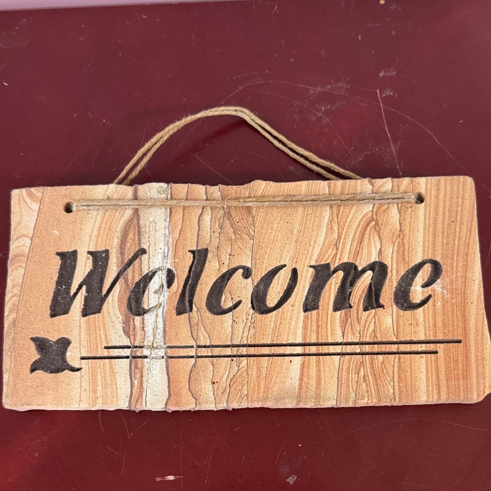 Rustic Stone Cut Welcome Sign with Black Lettering handcrafted Cinnabar stone